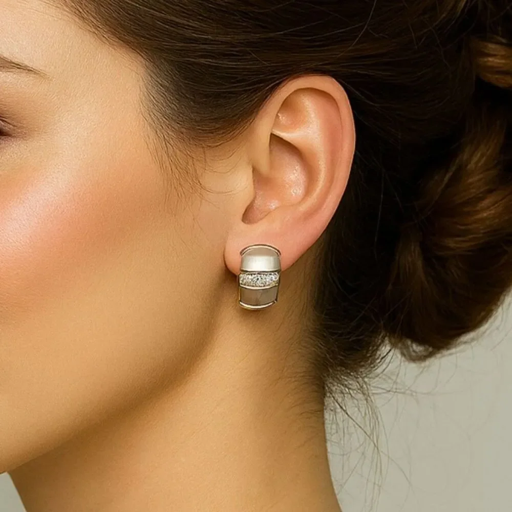 Retro Silver tone Cuff Earrings with Cubic Zirconia Pave Accents